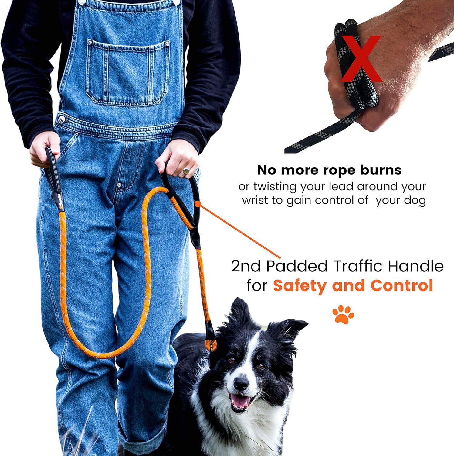 Rope Dog Lead - Innovative Design with Two Padded Handles - Reflective Stitching & O-Ring - 5 FT Long Leash for Medium & Large Sized Pets - Weather Resistant & Strong Material. Orange