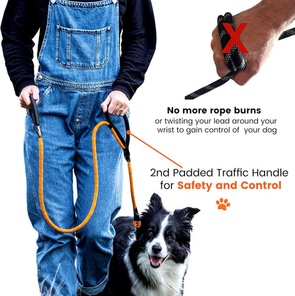 Rope Dog Lead - Innovative Design with Two Padded Handles - Reflective Stitching & O-Ring - 5 FT Long Leash for Medium & Large Sized Pets - Weather Resistant & Strong Material. Orange