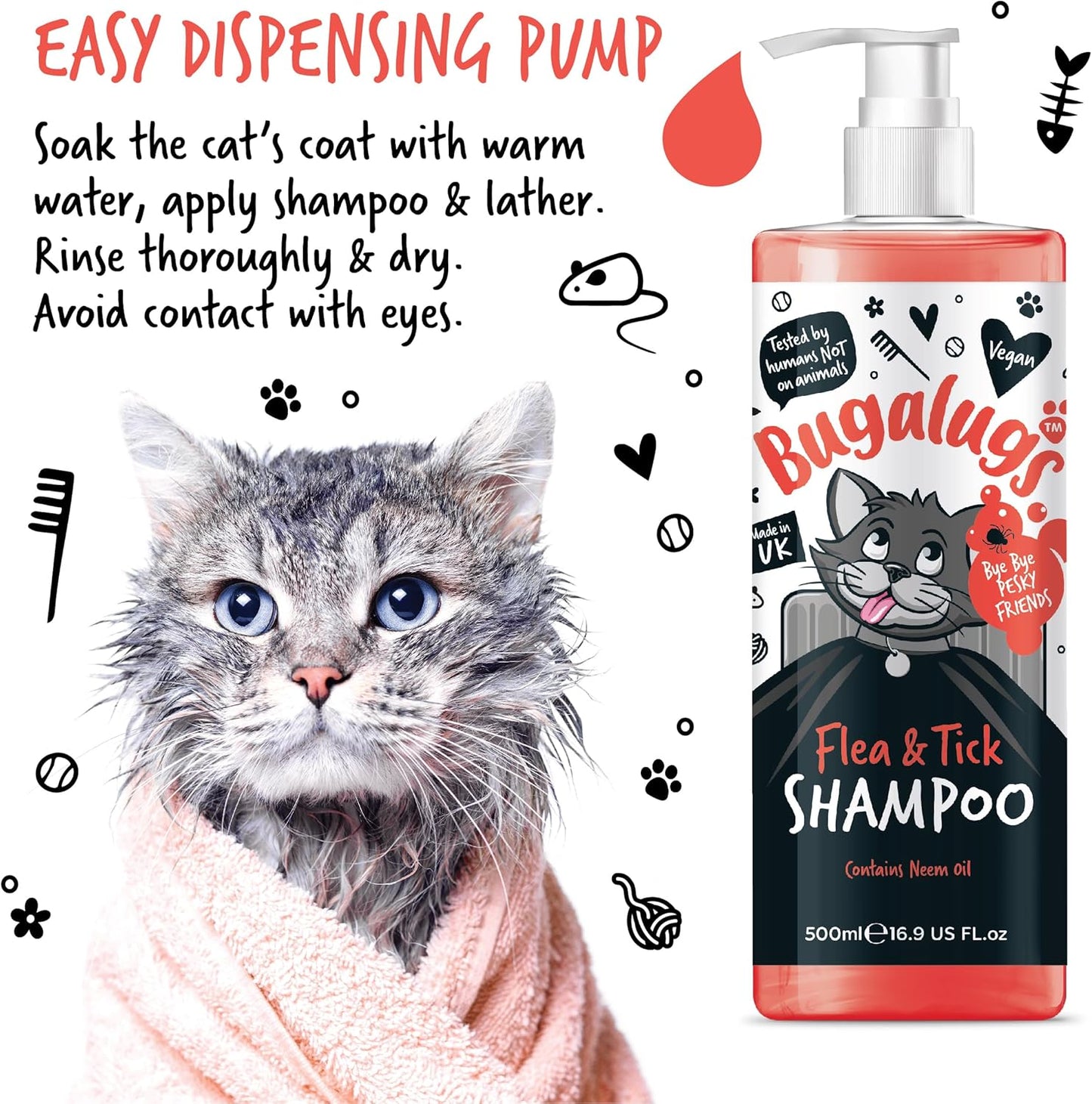 Flea and Tick Cat Shampoo by Bugalugs 500ml, Deep Cleansing for Cats for Fleas, Ticks & Mites contains Neem Oil, PH Balanced Vegan (500ml Flea Shampoo)