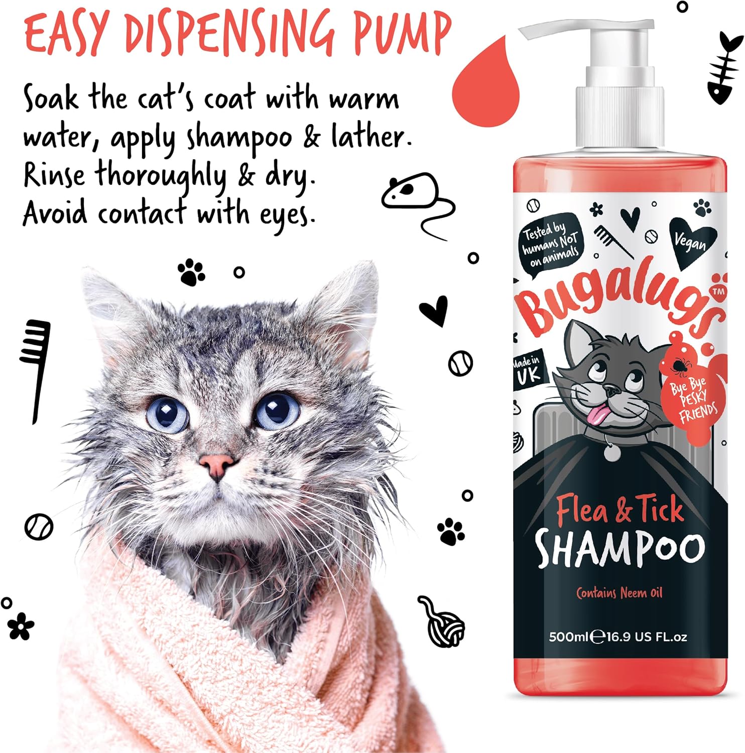 Flea and Tick Cat Shampoo by Bugalugs 500ml, Deep Cleansing for Cats for Fleas, Ticks & Mites contains Neem Oil, PH Balanced Vegan (500ml Flea Shampoo)