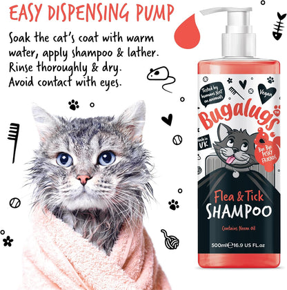 Flea and Tick Cat Shampoo by Bugalugs 500ml, Deep Cleansing for Cats for Fleas, Ticks & Mites contains Neem Oil, PH Balanced Vegan (500ml Flea Shampoo)