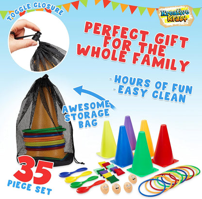 Kids Games Outdoor Play Equipment for Kids Adults Family Garden Toys Sports Day Kit Egg and Spoon Race Ring Toss Sack Race Bean Bag Snakes and Ladders (4 in 1 Set)