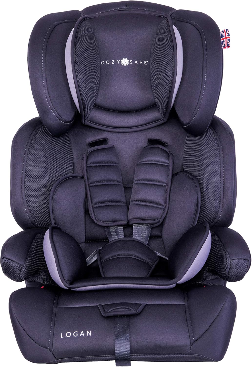 Cozy N Safe Logan Group 1/2/3 Car Seat 9-36kg, 9 Months to 12 Years, 5 Point Harness, Forward Facing, Side Impact Protection, Adjustable Headrest, Lightweight, Child, Toddler Car Seat - Black/Grey