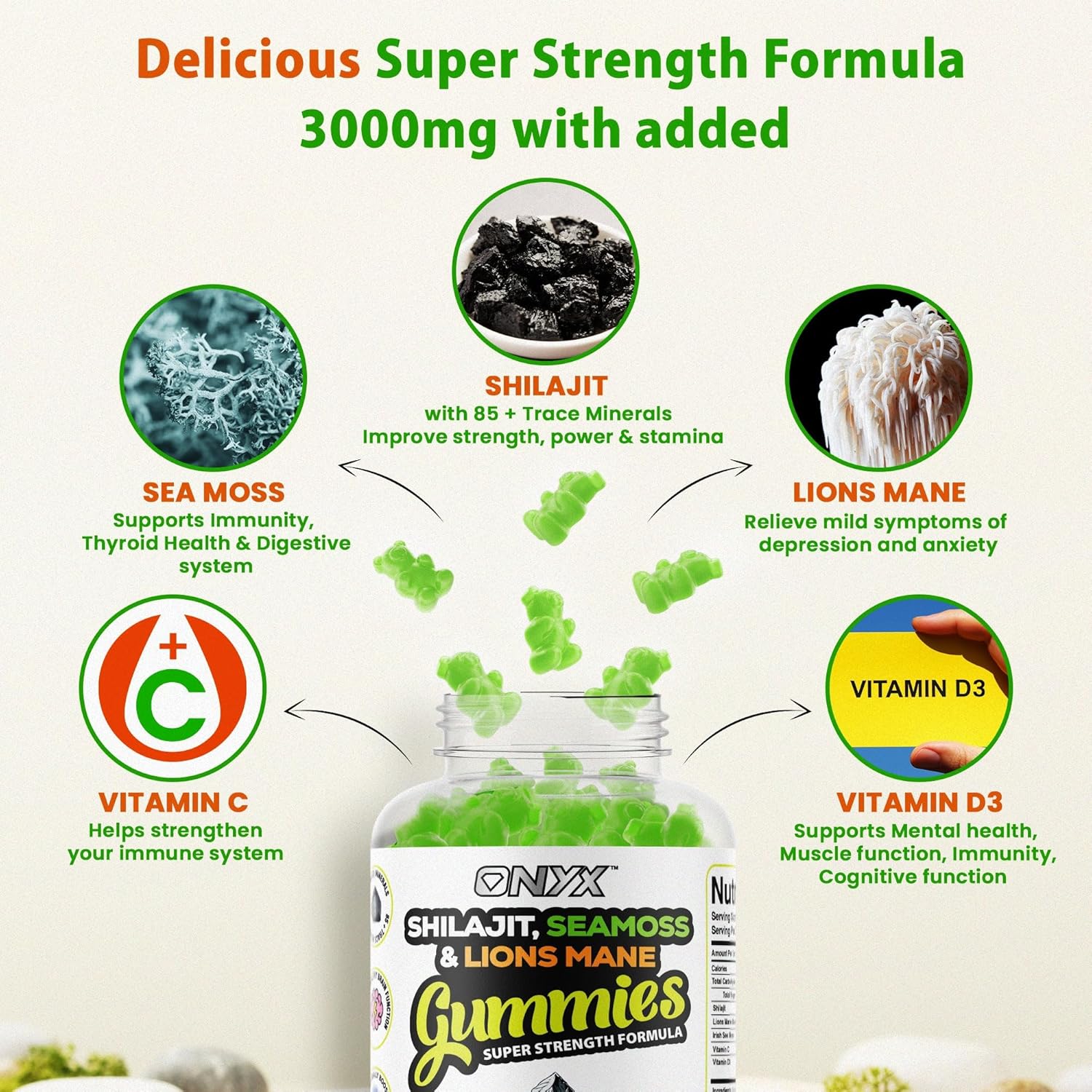 Shilajit, Sea Moss & Lion's Mane Gummies - 3000mg Adaptogen Blend with Vitamin D3 & C - 3 in 1, Immune Support & Energy Booster 85+ Trace Minerals - Vegan Friendly- 120 Gummies (60 Servings)