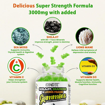Shilajit, Sea Moss & Lion's Mane Gummies - 3000mg Adaptogen Blend with Vitamin D3 & C - 3 in 1, Immune Support & Energy Booster 85+ Trace Minerals - Vegan Friendly- 120 Gummies (60 Servings)