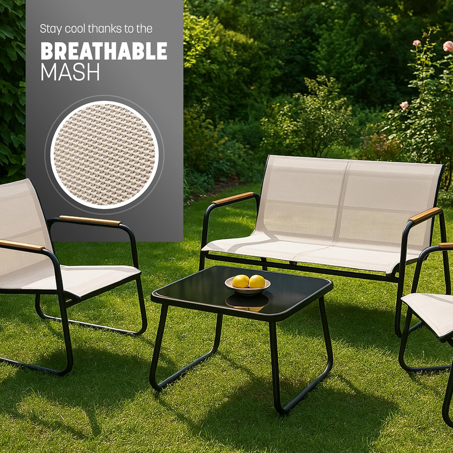 KEPLIN Mesh 4 Piece Garden Furniture Set, Modern Outdoor Patio Set with Easy Assembly, Comfortable & Durable Outdoor Furniture, Ideal Conversation Set for Gardens, Balconies, Poolside, Black