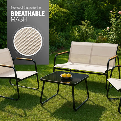 KEPLIN Mesh 4 Piece Garden Furniture Set, Modern Outdoor Patio Set with Easy Assembly, Comfortable & Durable Outdoor Furniture, Ideal Conversation Set for Gardens, Balconies, Poolside, Black