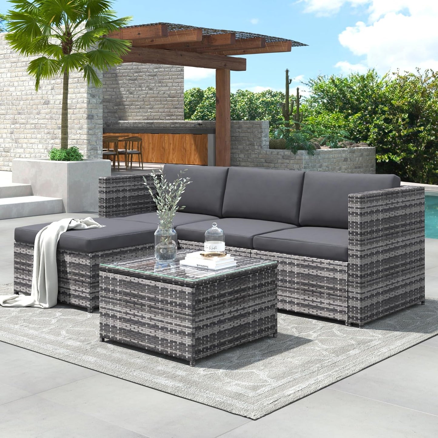 Garden Corner Sofa, Garden Furniture Set, PE Rattan Patio Sofa Set, Garden Entertaining Furniture Lounge Set with Coffee Table