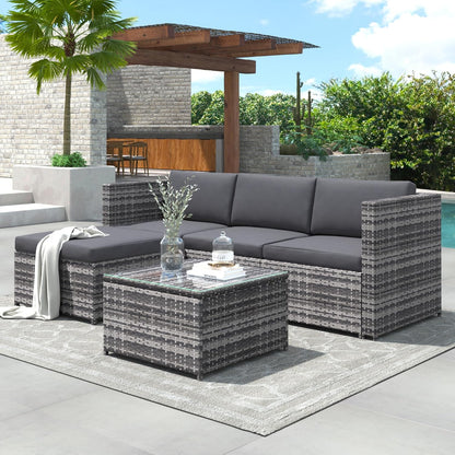 Garden Corner Sofa, Garden Furniture Set, PE Rattan Patio Sofa Set, Garden Entertaining Furniture Lounge Set with Coffee Table
