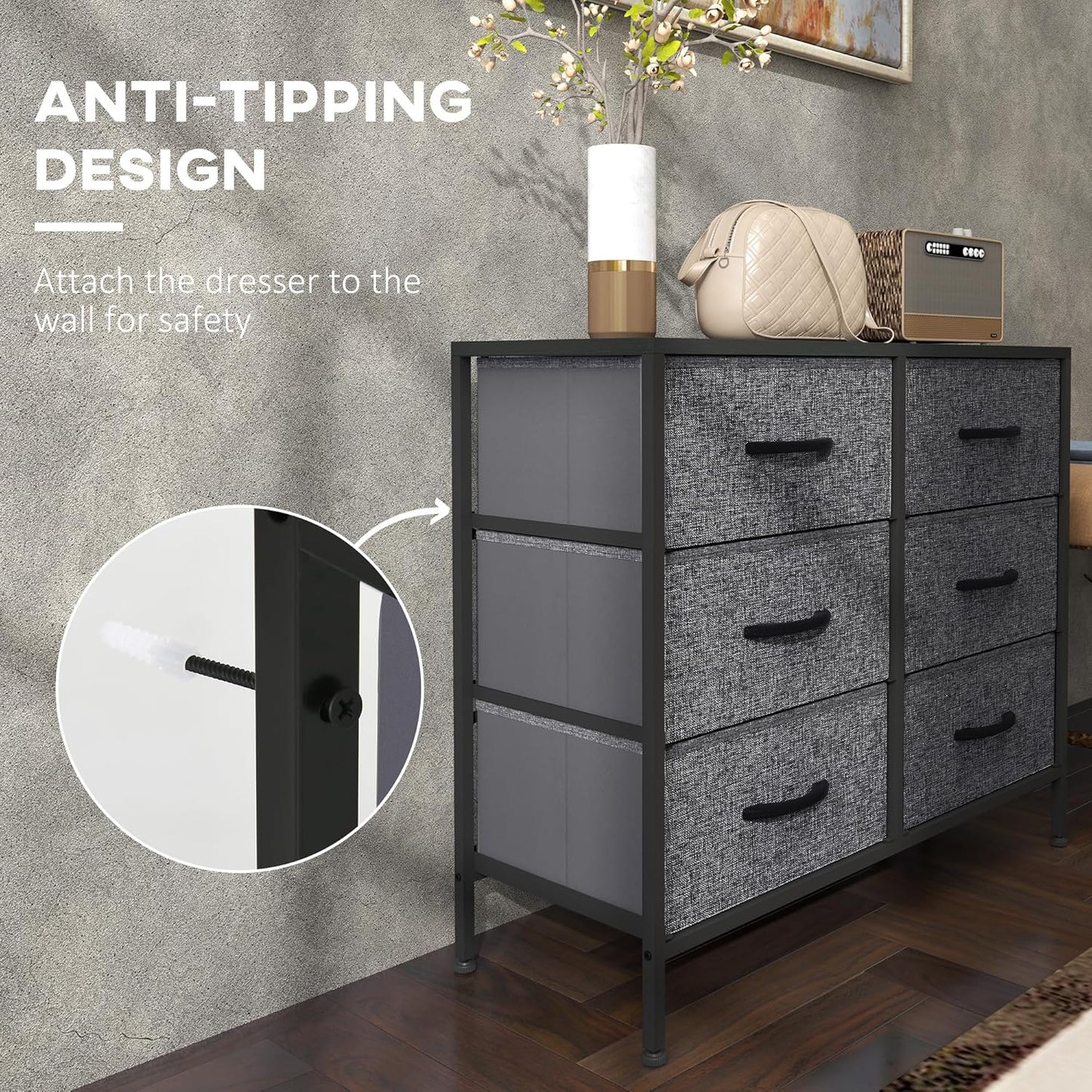 HOMCOM Fabric Chest of Drawers, Industrial Bedroom Dresser with 6 Fabric Drawers, Steel Frame and Wooden Top for Nursery, Living Room, Hallway, Black