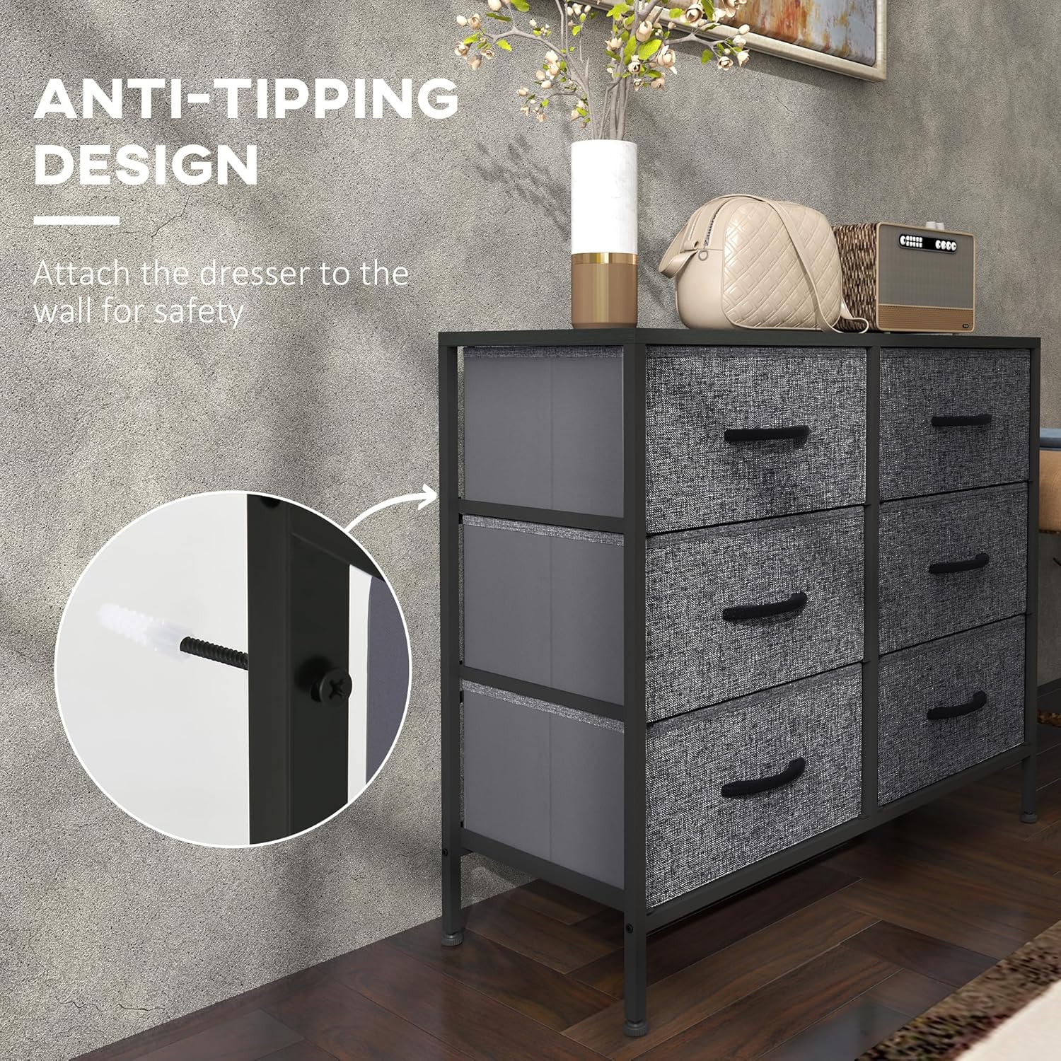 HOMCOM Fabric Chest of Drawers, Industrial Bedroom Dresser with 6 Fabric Drawers, Steel Frame and Wooden Top for Nursery, Living Room, Hallway, Black