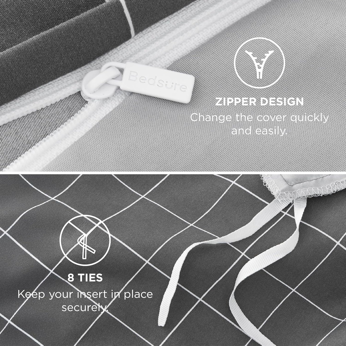 Bedsure Double Duvet Cover Set - Reversible Plaid Duvet Cover with Zipper Closure, 3 Pieces Dark Grey Bedding Set with 8 Corner Ties and 2 Pillowcases, 200x200cm