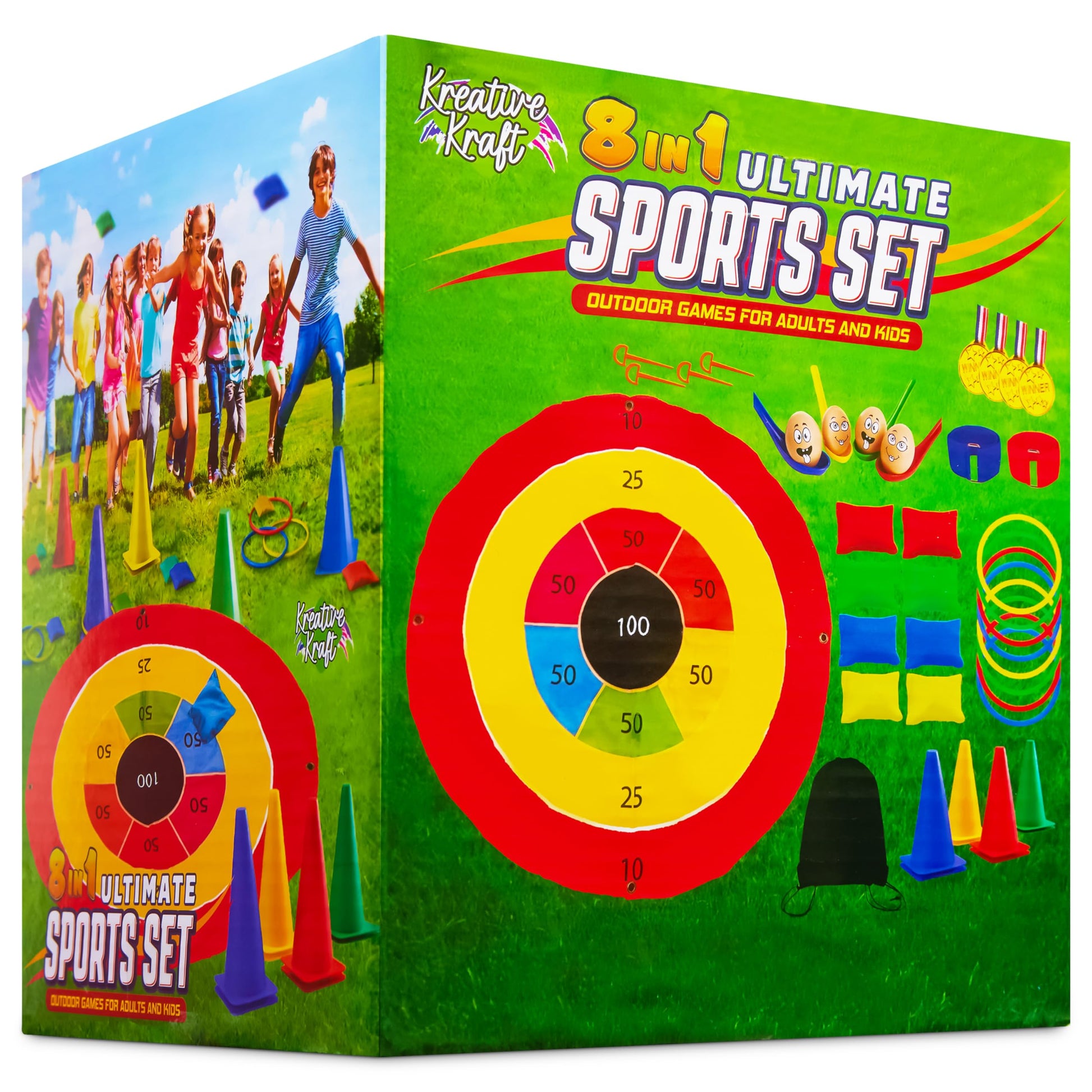 Kids Games Outdoor Play Equipment for Kids Adults Family Garden Toys Sports Day Kit Egg and Spoon Race Ring Toss Sack Race Bean Bag Snakes and Ladders (4 in 1 Set)