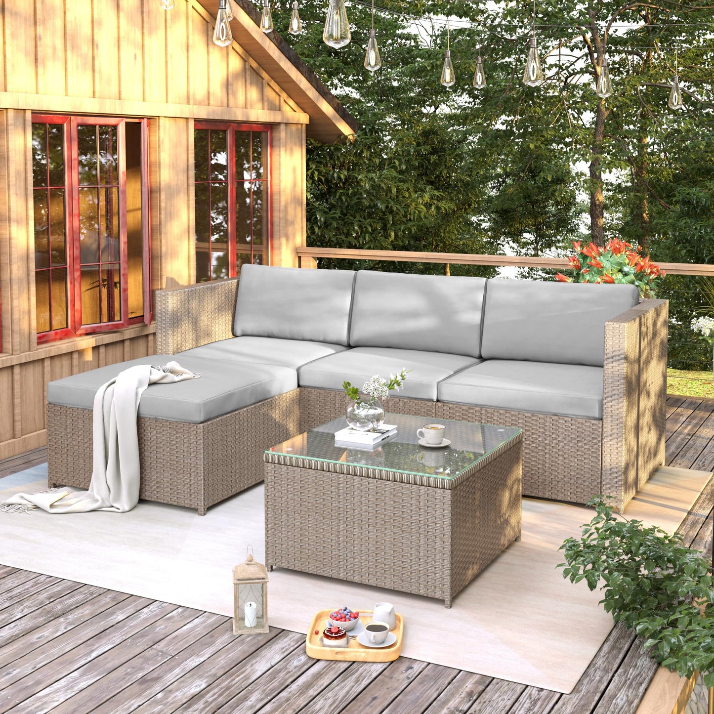 Garden Corner Sofa, Garden Furniture Set, PE Rattan Patio Sofa Set, Garden Entertaining Furniture Lounge Set with Coffee Table