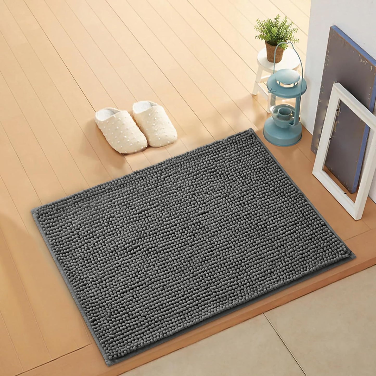 Bath Mat Non Slip Anti Mould 40 x 60 cm – Grey Chenille Bathroom Mat Extra Soft & Fluffy Bathmat Machine Washable Super Water Absorption Shower Mat