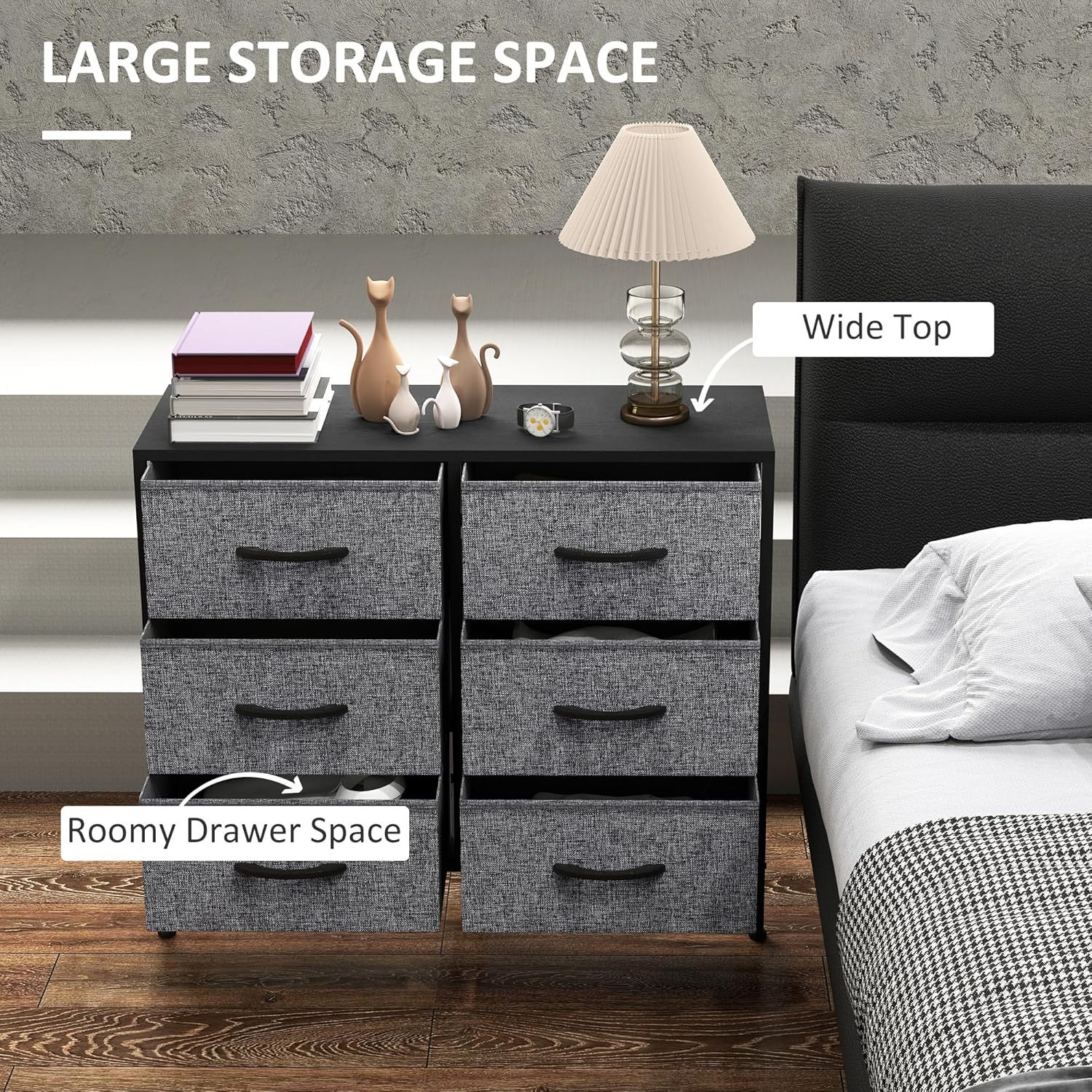 HOMCOM Fabric Chest of Drawers, Industrial Bedroom Dresser with 6 Fabric Drawers, Steel Frame and Wooden Top for Nursery, Living Room, Hallway, Black