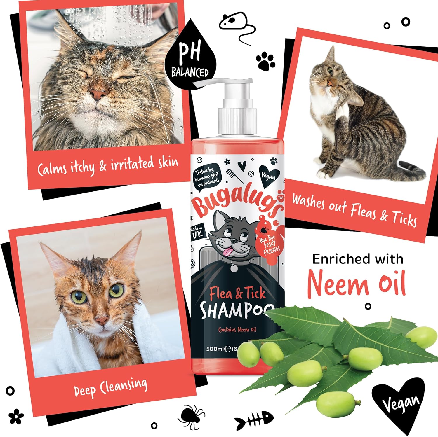Flea and Tick Cat Shampoo by Bugalugs 500ml, Deep Cleansing for Cats for Fleas, Ticks & Mites contains Neem Oil, PH Balanced Vegan (500ml Flea Shampoo)