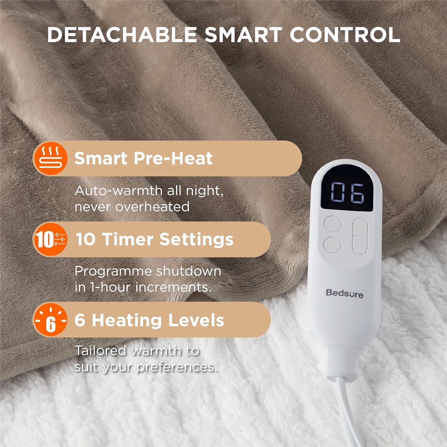 Bedsure Electric Blanket Heated Throw - 6 Heat Levels & 10 Timer Settings, Ultra-Soft Flannel & Sherpa Fast Heating Throw, 130x160cm, Overheat Protection, Taupe