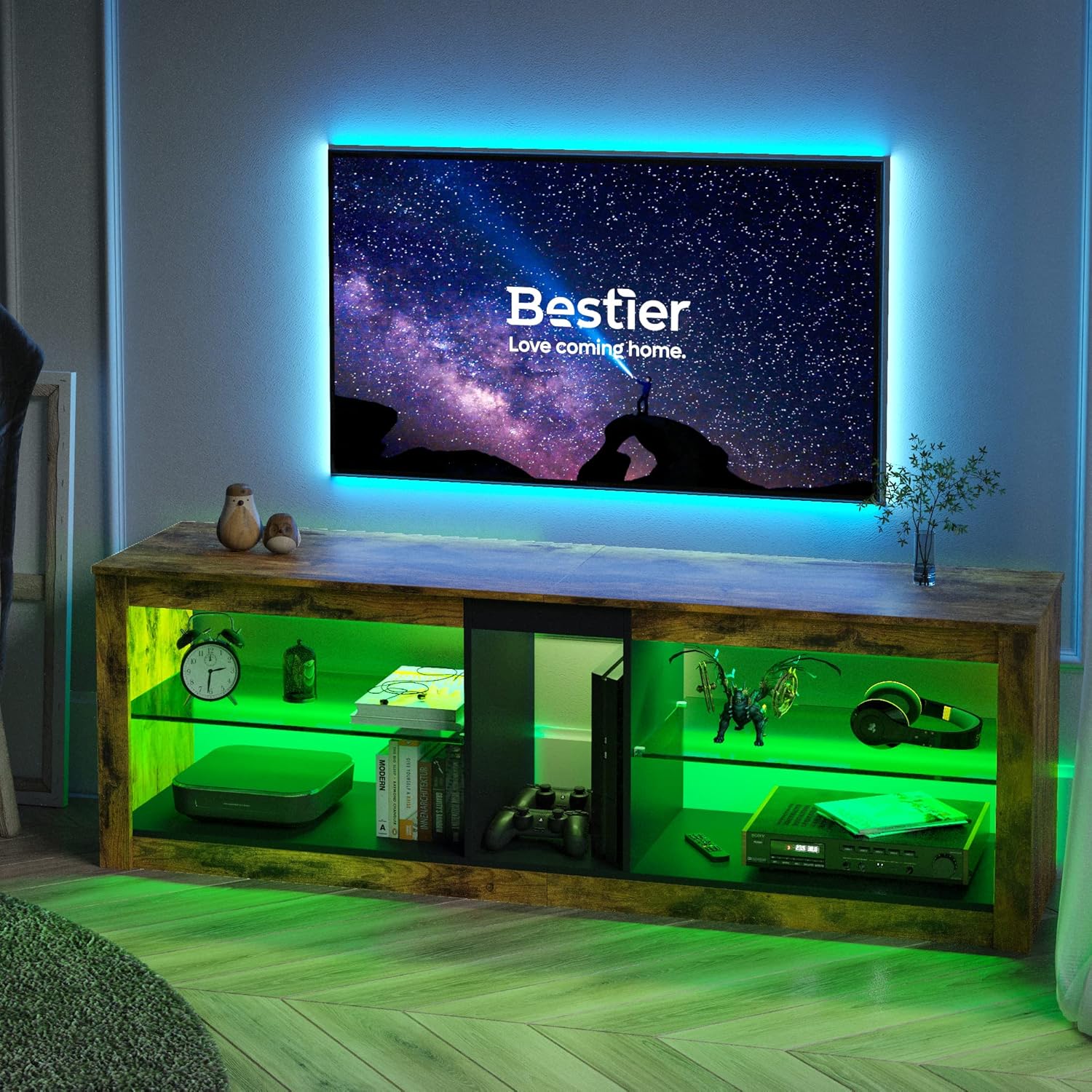 Bestier TV Stand Cabinet 140CM Entertainment Center Led Tv Stand Modern TV Unit with Glass Shelf RGB LED Lighted for 65 inch TVs with Ambient Lights for Living Room Bedroom (Rustic Brown)