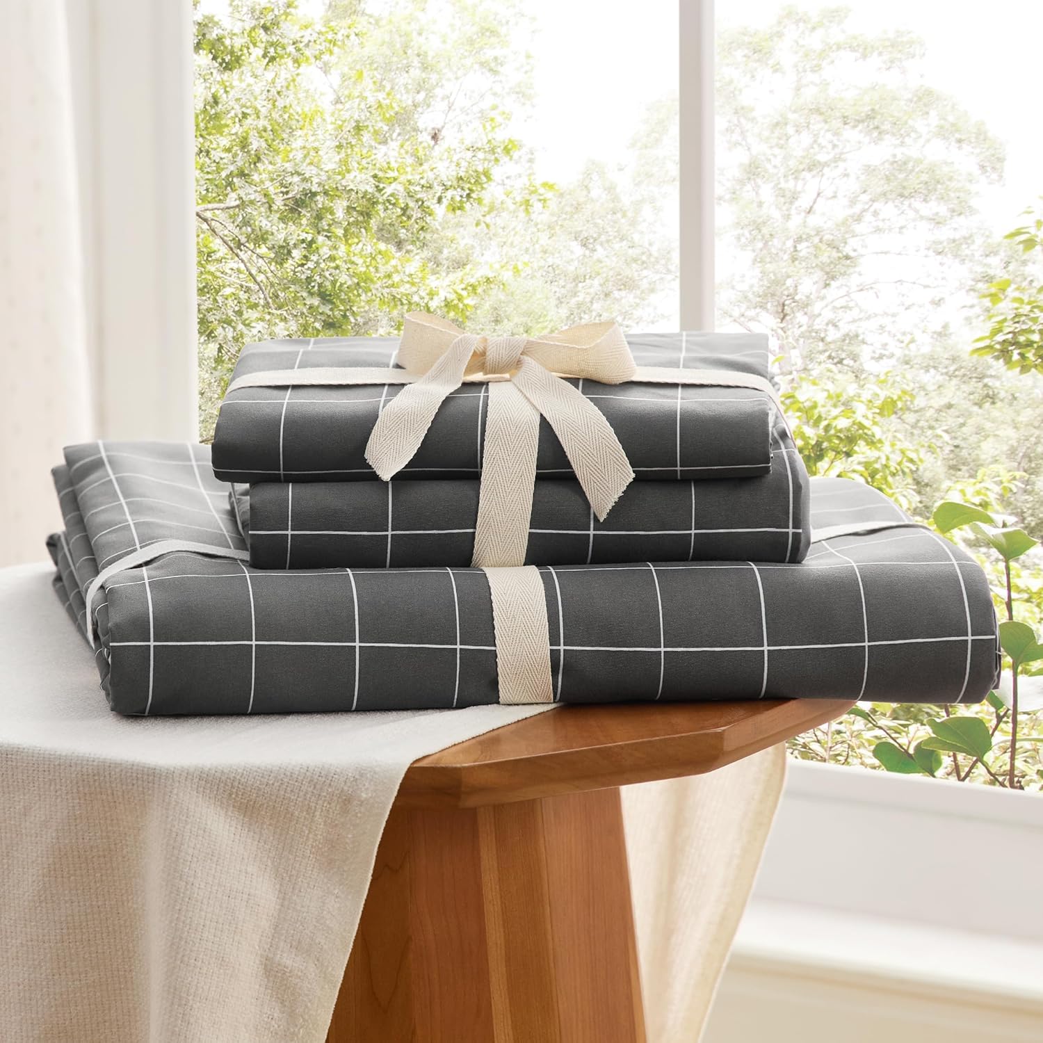 Bedsure Double Duvet Cover Set - Reversible Plaid Duvet Cover with Zipper Closure, 3 Pieces Dark Grey Bedding Set with 8 Corner Ties and 2 Pillowcases, 200x200cm