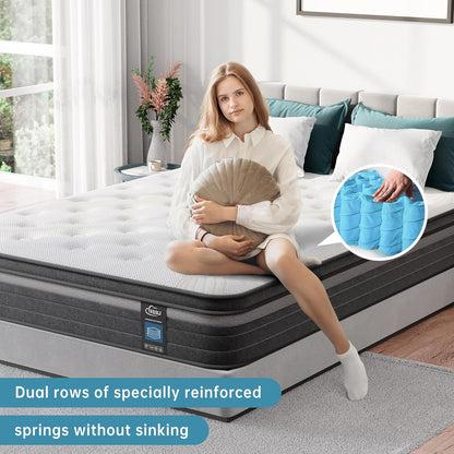 TeQsli Gel Individually Pocket Sprung Double Mattress 4FT6 with Breathable Soft Fabric, 10 Inch Hybrid Mattress Double for Pressure & Back Pain Relief, Medium Firm Mattress in a Box 135x190x25cm