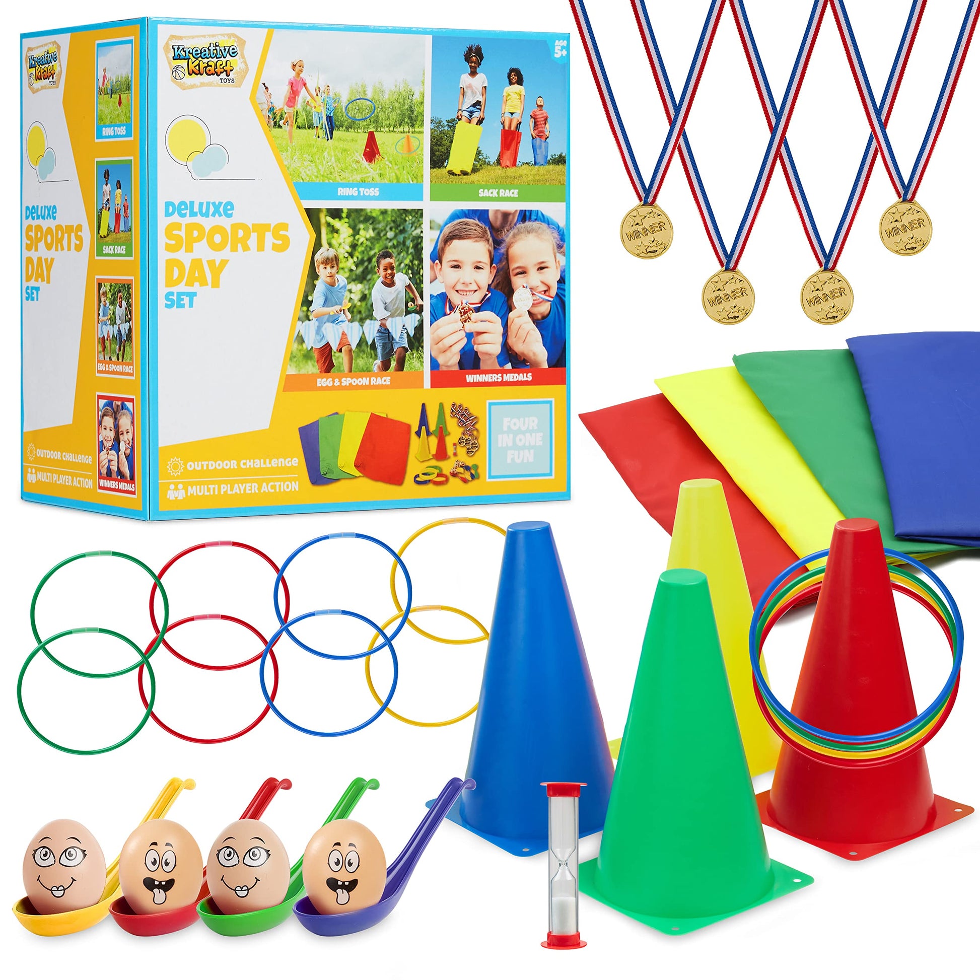 Kids Games Outdoor Play Equipment for Kids Adults Family Garden Toys Sports Day Kit Egg and Spoon Race Ring Toss Sack Race Bean Bag Snakes and Ladders (4 in 1 Set)