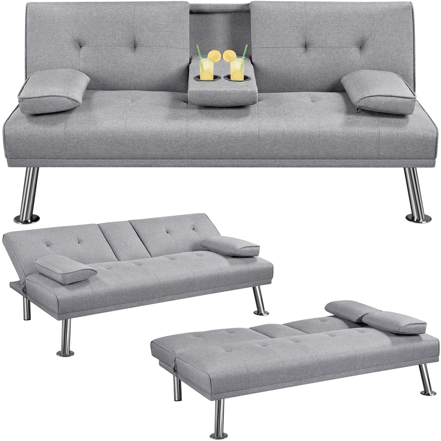 Yaheetech Sofa Bed Fabric Click Clack Sofa Bed with 2 Cup Holders, Convertible Futon Settee, Futon Recliner Lounge for Living Room, Spare Room, Bedroom, Black