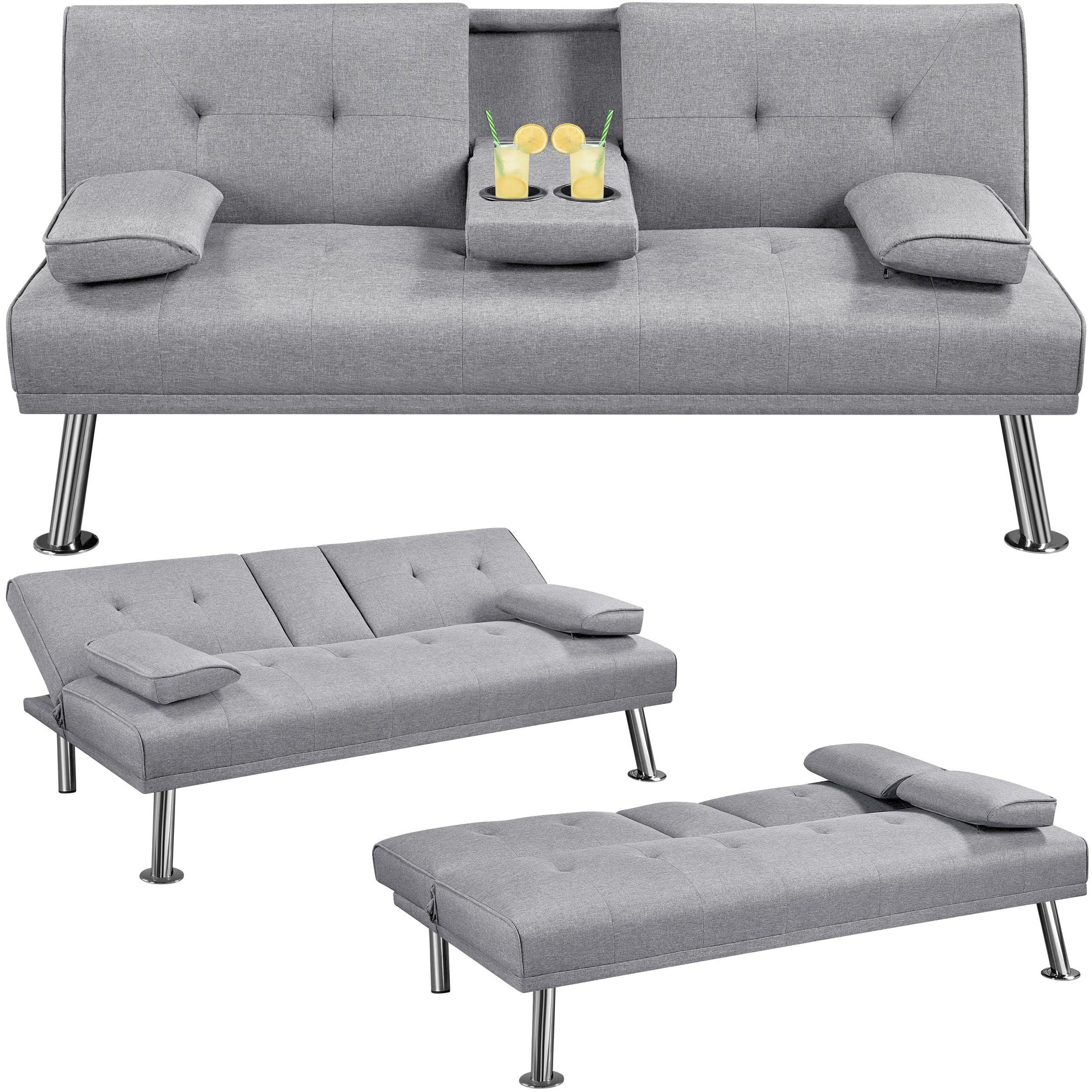Yaheetech Sofa Bed Fabric Click Clack Sofa Bed with 2 Cup Holders, Convertible Futon Settee, Futon Recliner Lounge for Living Room, Spare Room, Bedroom, Black