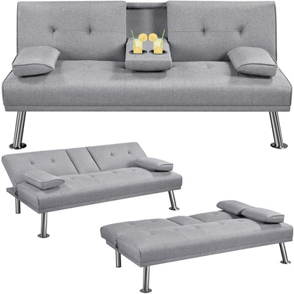 Yaheetech Sofa Bed Fabric Click Clack Sofa Bed with 2 Cup Holders, Convertible Futon Settee, Futon Recliner Lounge for Living Room, Spare Room, Bedroom, Black