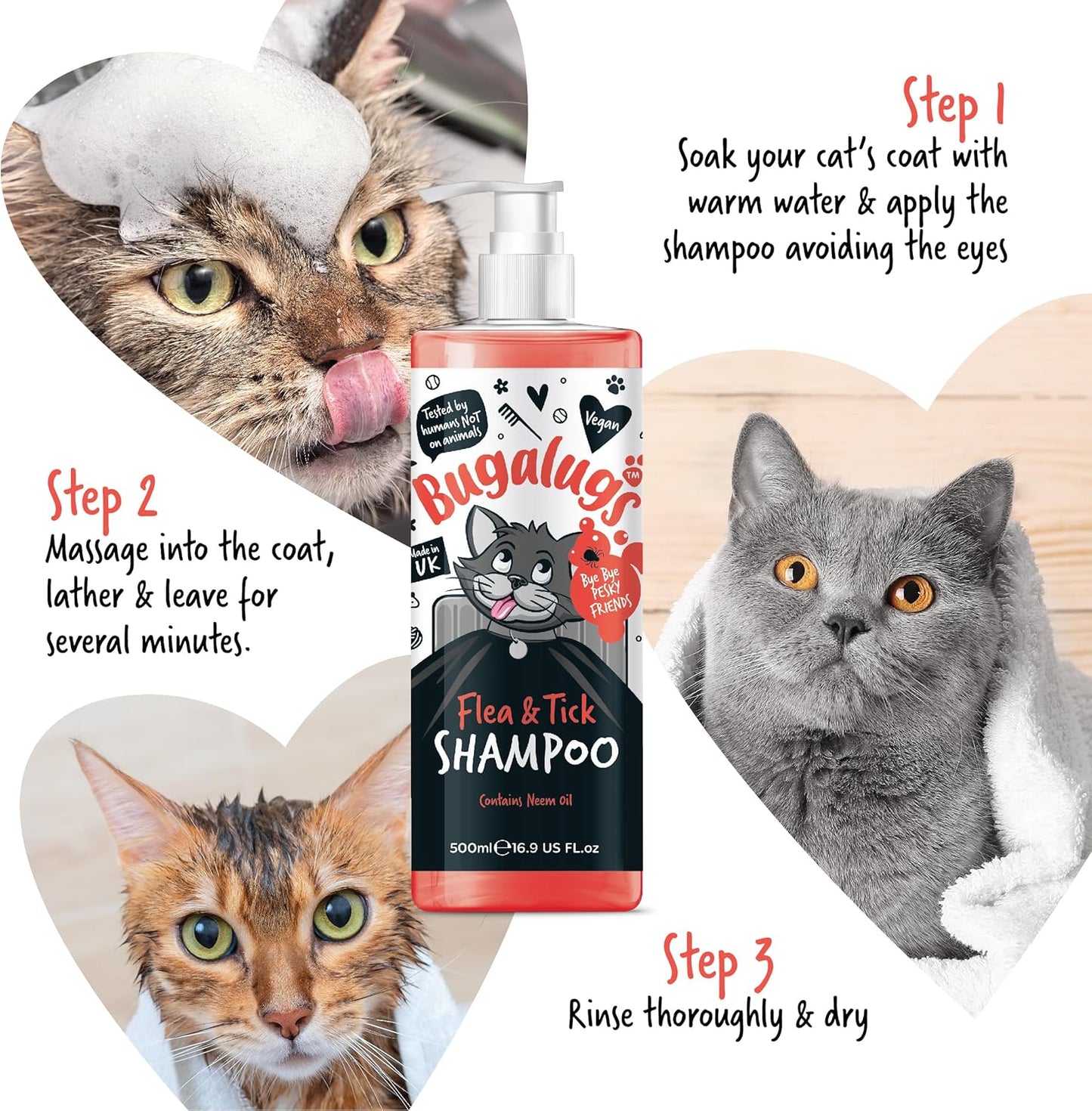 Flea and Tick Cat Shampoo by Bugalugs 500ml, Deep Cleansing for Cats for Fleas, Ticks & Mites contains Neem Oil, PH Balanced Vegan (500ml Flea Shampoo)