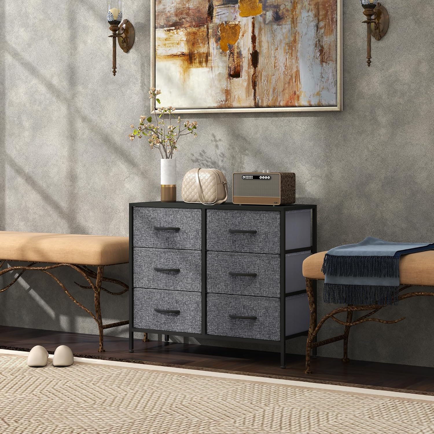 HOMCOM Fabric Chest of Drawers, Industrial Bedroom Dresser with 6 Fabric Drawers, Steel Frame and Wooden Top for Nursery, Living Room, Hallway, Black