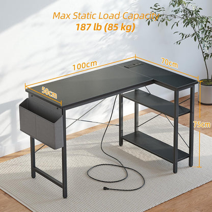 BEXEVUE L Shaped Gaming Desk with Power Outlets, 100x70 cm Computer Desk with Storage Bag, Office Desk Small Writing Table with Large Reversible Storage Shelves, Workstation Study Home Office, Black