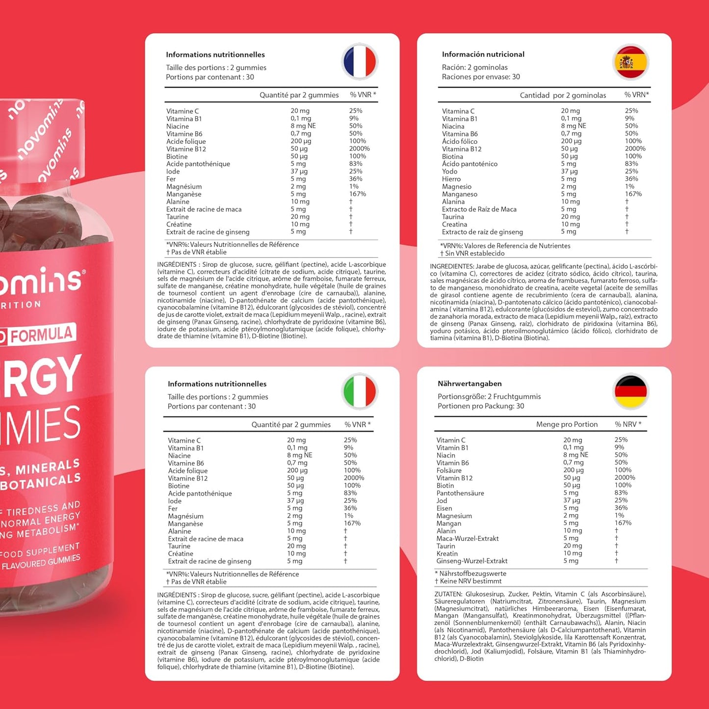 Energy Gummies - High Strength Energy Chews – Tastier Than Energy Gels, Drinks, Tablets and Pills – Caffeine Free Energy Boost Supplements for Running, Cycling, Studying - Made by Novomins