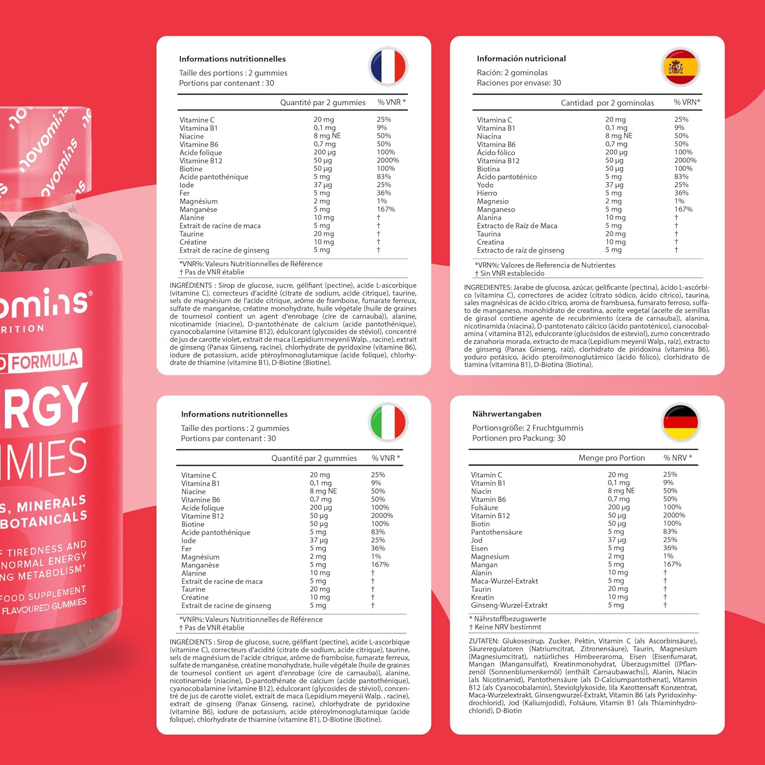 Energy Gummies - High Strength Energy Chews – Tastier Than Energy Gels, Drinks, Tablets and Pills – Caffeine Free Energy Boost Supplements for Running, Cycling, Studying - Made by Novomins