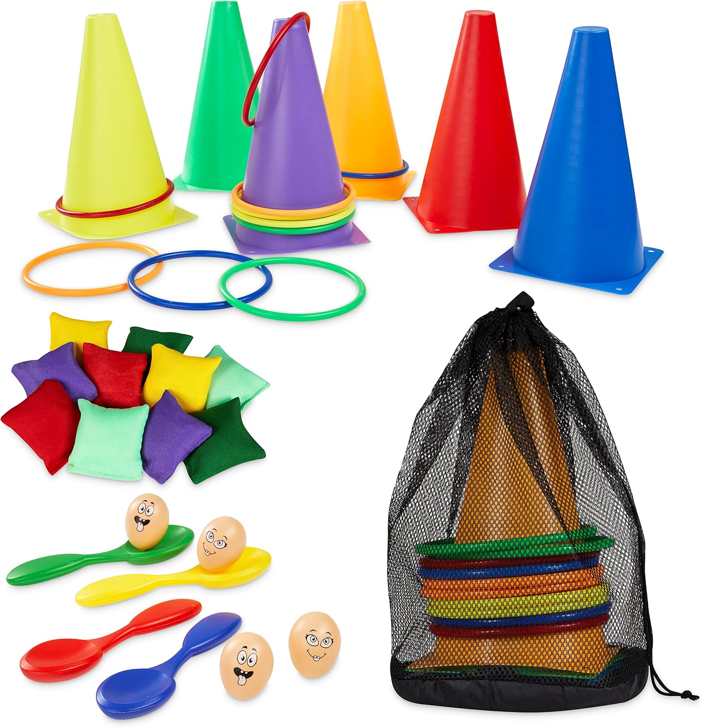 Kids Games Outdoor Play Equipment for Kids Adults Family Garden Toys Sports Day Kit Egg and Spoon Race Ring Toss Sack Race Bean Bag Snakes and Ladders (4 in 1 Set)