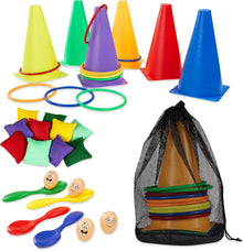 Kids Games Outdoor Play Equipment for Kids Adults Family Garden Toys Sports Day Kit Egg and Spoon Race Ring Toss Sack Race Bean Bag Snakes and Ladders (4 in 1 Set)