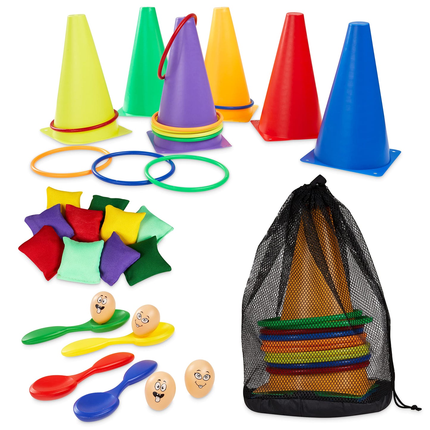 Kids Games Outdoor Play Equipment for Kids Adults Family Garden Toys Sports Day Kit Egg and Spoon Race Ring Toss Sack Race Bean Bag Snakes and Ladders (4 in 1 Set)