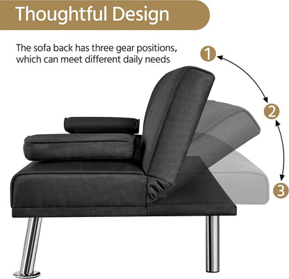 Yaheetech Sofa Bed Fabric Click Clack Sofa Bed with 2 Cup Holders, Convertible Futon Settee, Futon Recliner Lounge for Living Room, Spare Room, Bedroom, Black