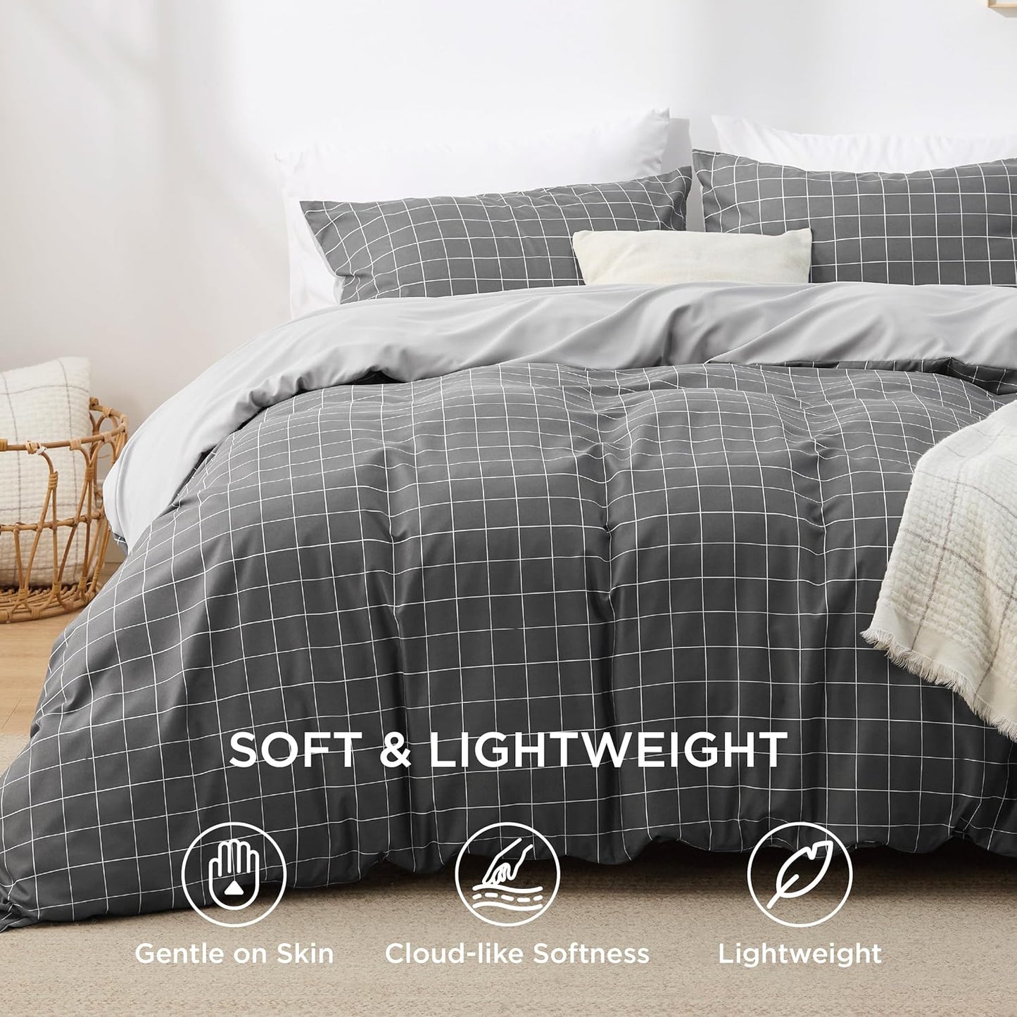 Bedsure Double Duvet Cover Set - Reversible Plaid Duvet Cover with Zipper Closure, 3 Pieces Dark Grey Bedding Set with 8 Corner Ties and 2 Pillowcases, 200x200cm