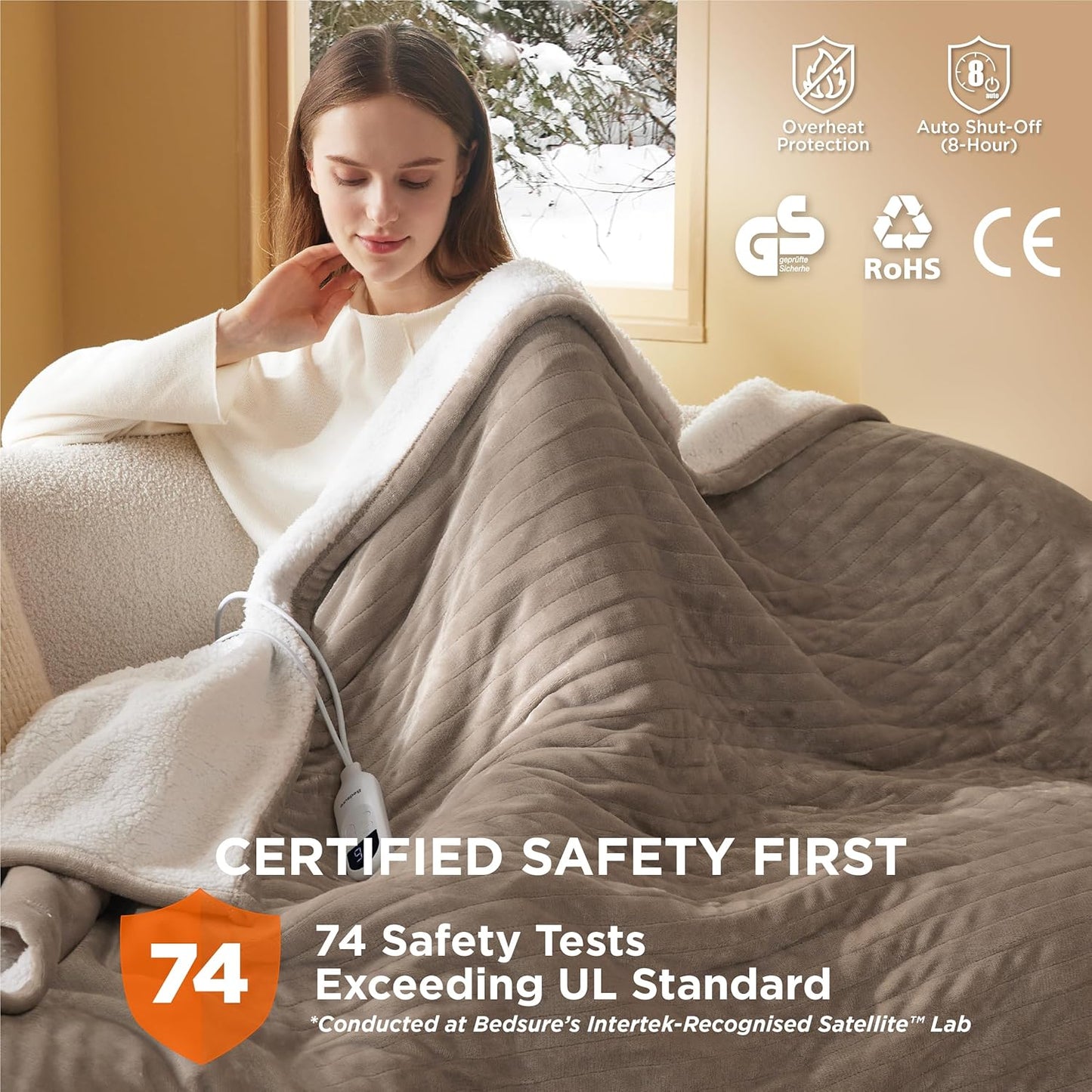 Bedsure Electric Blanket Heated Throw - 6 Heat Levels & 10 Timer Settings, Ultra-Soft Flannel & Sherpa Fast Heating Throw, 130x160cm, Overheat Protection, Taupe