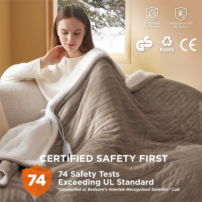 Bedsure Electric Blanket Heated Throw - 6 Heat Levels & 10 Timer Settings, Ultra-Soft Flannel & Sherpa Fast Heating Throw, 130x160cm, Overheat Protection, Taupe