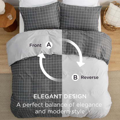 Bedsure Double Duvet Cover Set - Reversible Plaid Duvet Cover with Zipper Closure, 3 Pieces Dark Grey Bedding Set with 8 Corner Ties and 2 Pillowcases, 200x200cm