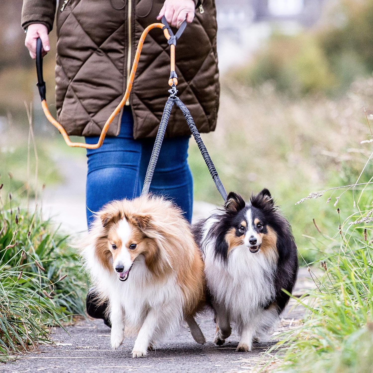 Rope Dog Lead - Innovative Design with Two Padded Handles - Reflective Stitching & O-Ring - 5 FT Long Leash for Medium & Large Sized Pets - Weather Resistant & Strong Material. Orange