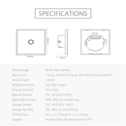 NEO NAS-SC01W Wireless WiFi EU Smart Light Control Switch 1Gang, 1 Gang