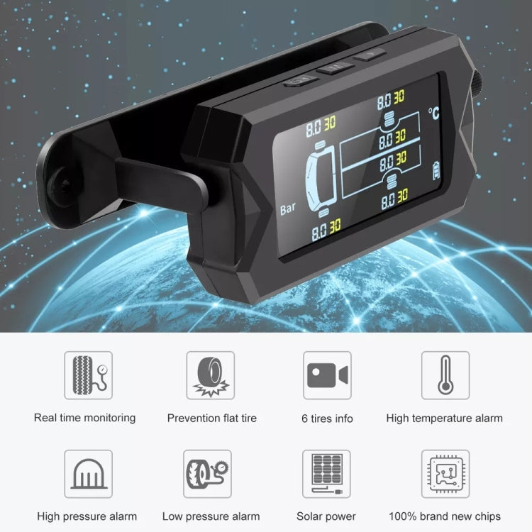 8 Bar Solar Wireless Tire Pressure Monitoring System TPMS 6 External Sensors for 6-wheel Truck Bus, 8Bar
