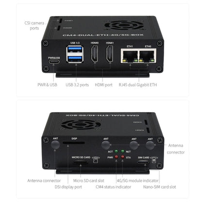 Waveshare Dual Gigabit Ethernet 5G/4G Computer Box with Cooling Fan for Raspberry Pi CM4