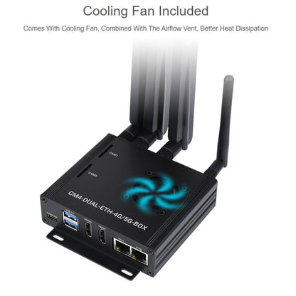 Waveshare Dual Gigabit Ethernet 5G/4G Computer Box with Cooling Fan for Raspberry Pi CM4
