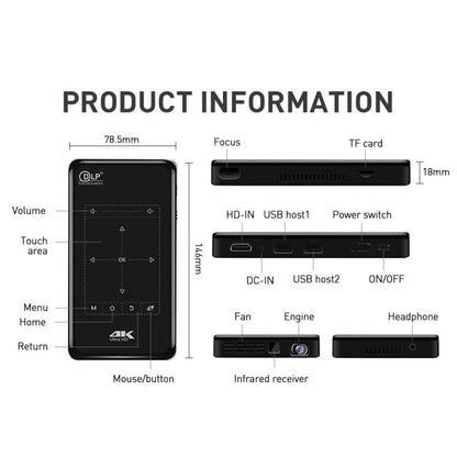 P09 Portable 4K Ultra HD DLP Mini Smart Projector with Infrared Remote Control, Amlogic S905X 4-Core A53 up to 1.5GHz Android 6.0, 1GB+8GB, Support 2.4G/5G WiFi, Bluetooth, TF Card