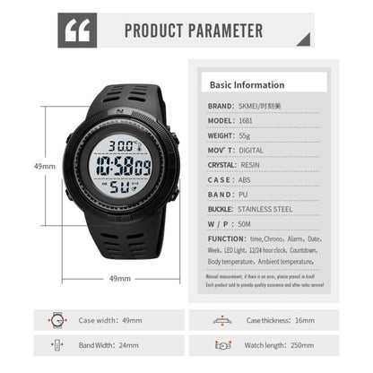 SKMEI 1681 Multifunctional LED Digital Display Luminous Electronic Watch, Support Body / Ambient Temperature Measurement