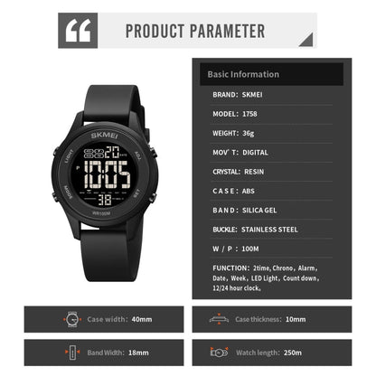 SKMEI 1758 Multifunctional LED Digital Display Luminous Silicone Strap Electronic Watch